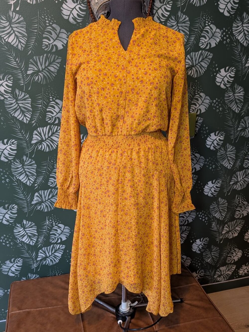 Time and Tru Mustard Yellow Floral Midi Dress – Size S (4-6)